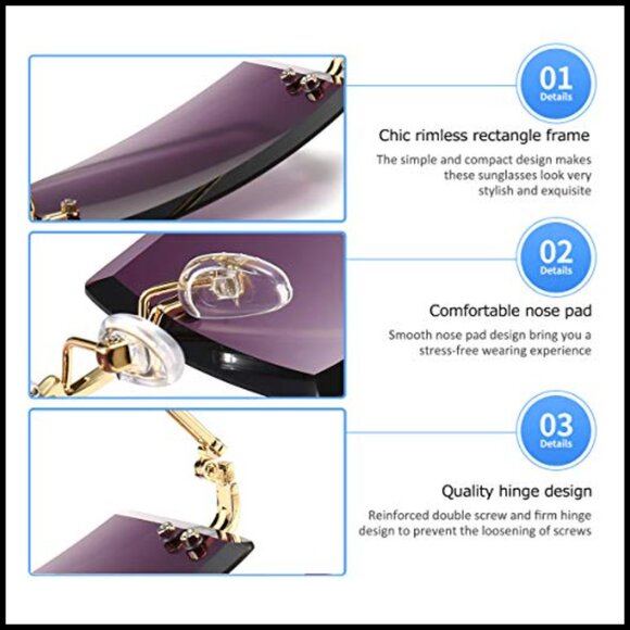 Y2K Rimless Rectangle Sunglasses UV400 Protection Chic Retro Fashion - Picture 3 of 7